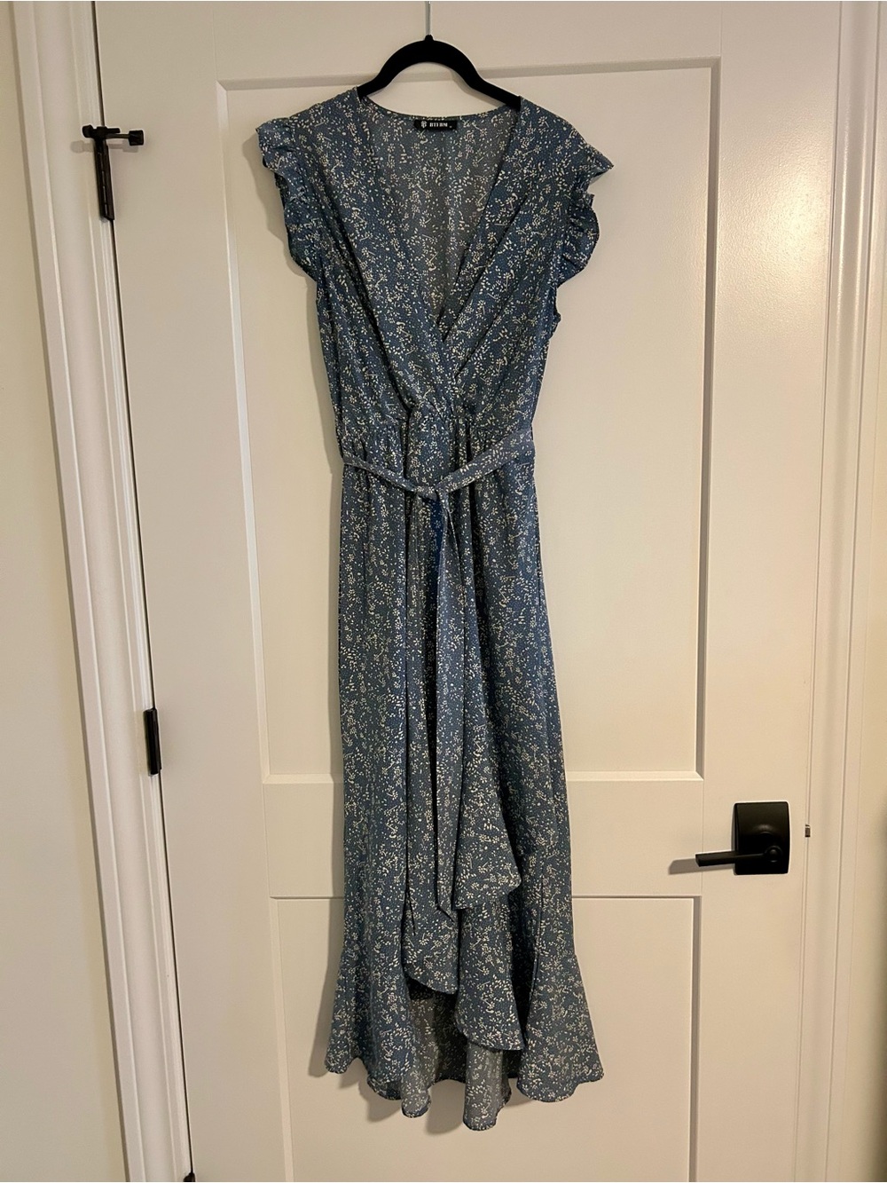 Blue Floral Ruffle Wrap Maxi Dress with Tie Waist